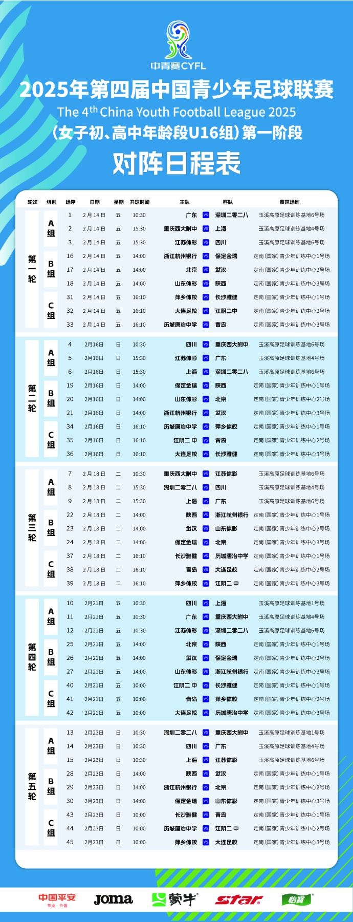  中國(guó)青少年足球聯(lián)賽（女子初高中年齡段U16組）第一階段競(jìng)賽日程