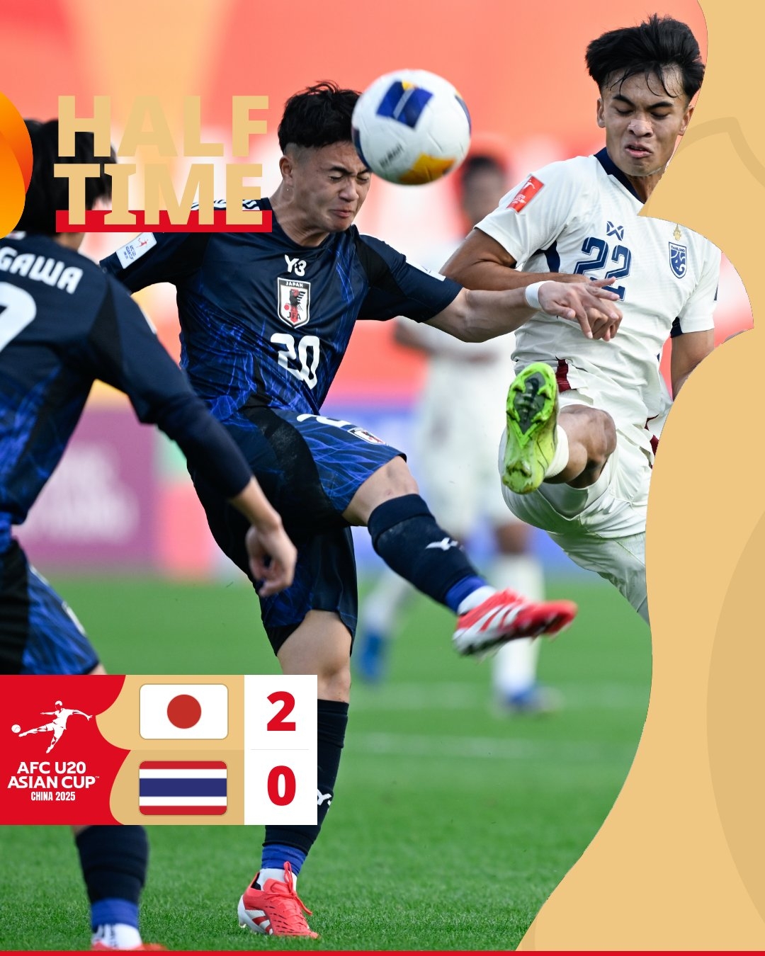  半場-日本U20 2-0領先泰國U20，石井久繼破門+中柱 泰國0射正