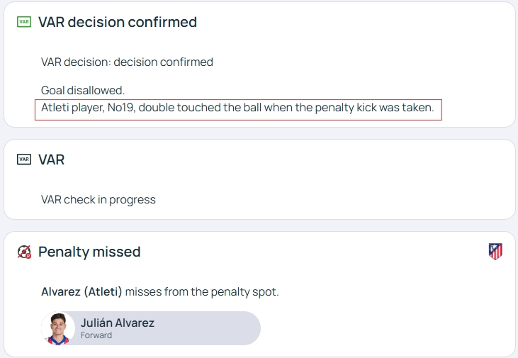  官方明確！歐冠官網(wǎng)：阿爾瓦雷斯罰點(diǎn)時2次觸球，VAR決定進(jìn)球無效